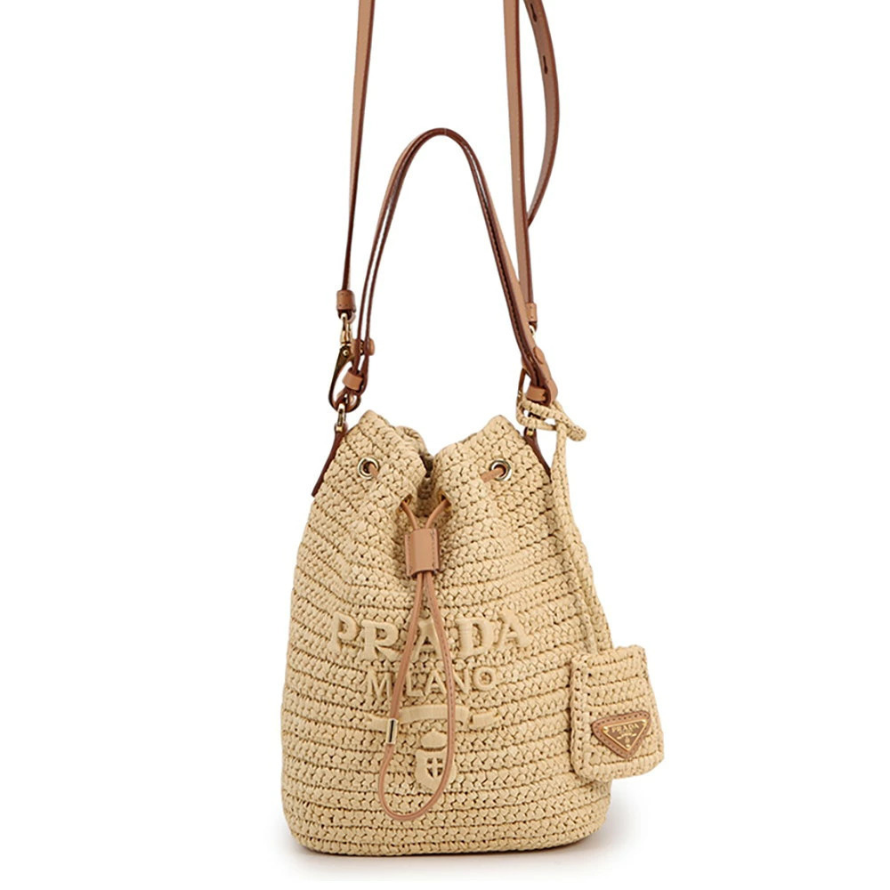 Prada Handbag Bucket Bag Raffia Leather Shoulder